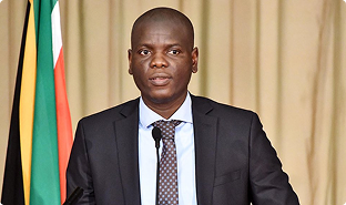 Minister in a suit speaking at a podium with South African flag in background